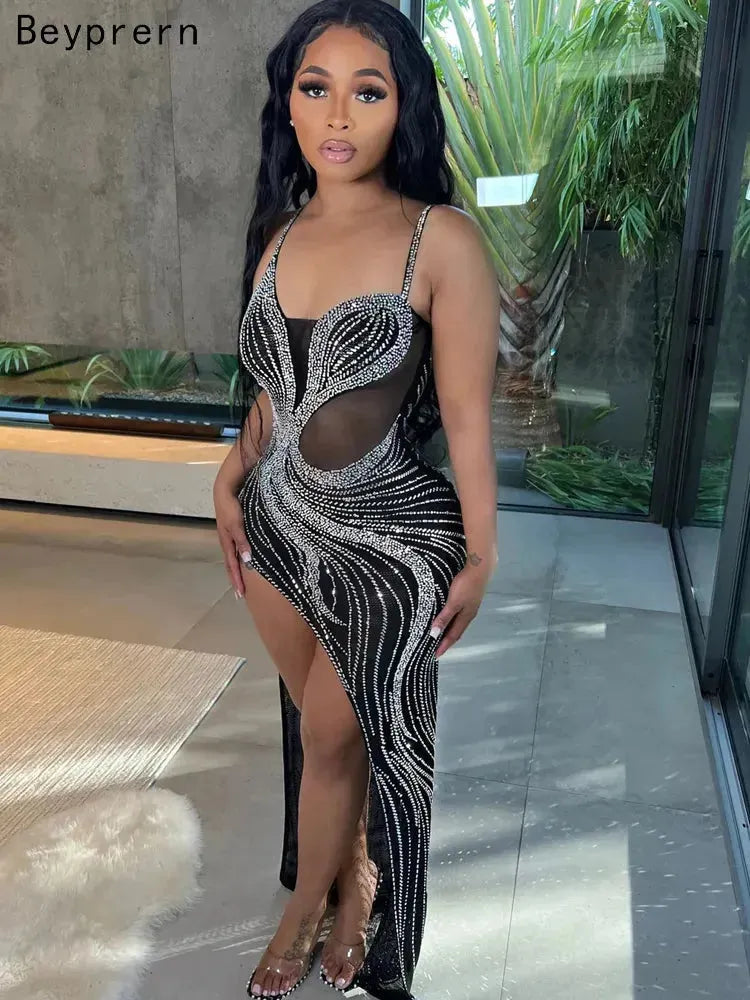 Luxury Black Crystal Long Maxi Dress Gown Sparkle Mesh Patchwork High Slit Party Club Dress Birthday Outfits Night Wear