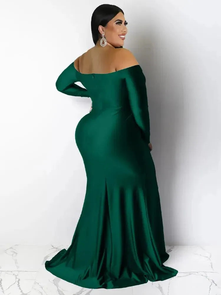 Plus Size Party Dresses for Women Off Shoulder V Neck Slip Hem Elegant Birthday Outfit Maxi Dress green