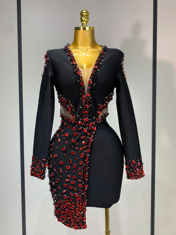 Luxury Birthday Women Celebrity Sexy Long Sleeve V Neck Rhinestone Black Bandage Dress 2025 Elegant Evening Club Party Dresses