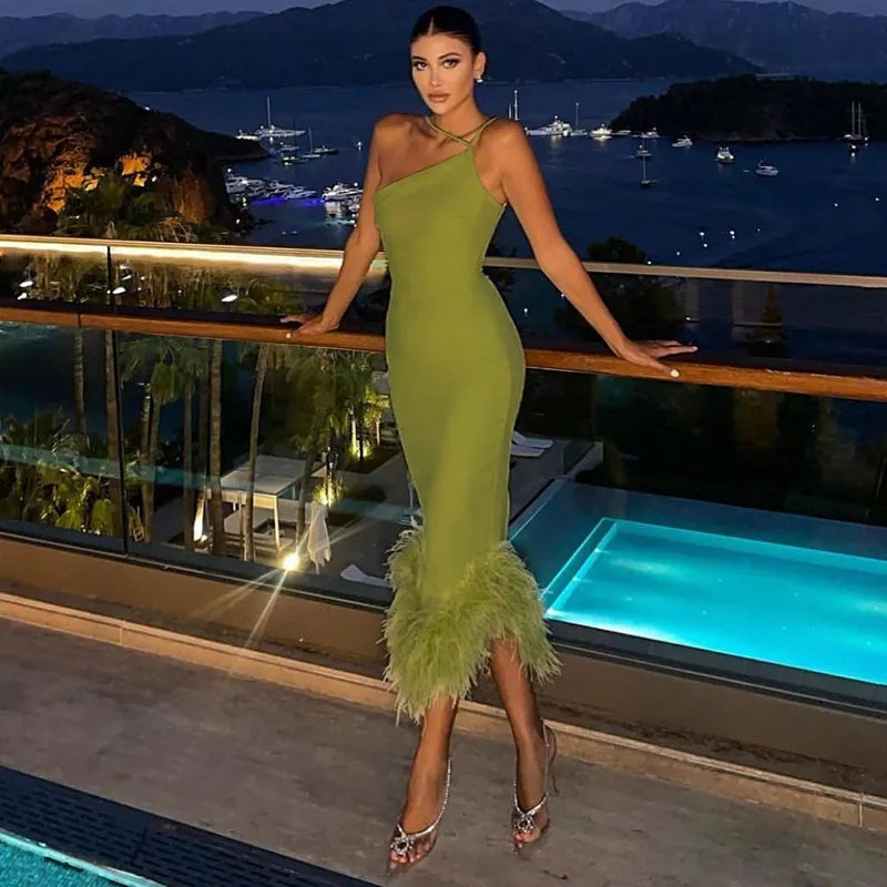 Sexy Green Short Cocktail Dresses Crepe Feather One Stripe Shoulder Mermaid dress Backless Prom Homecoming Gowns Dress Clubwear