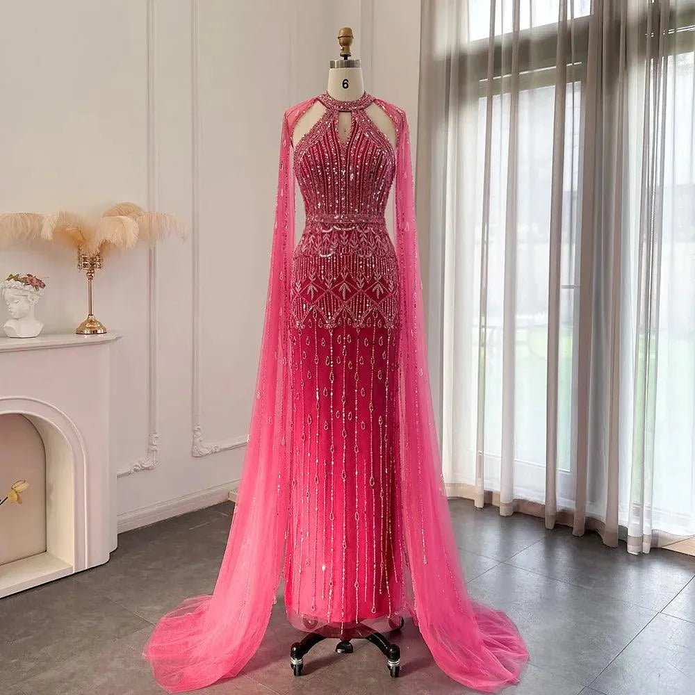 Luxury Dubai Mermaid Pink Evening Dresses with Cape Sleeves Arabic Women Wedding Guest Formal Party Gowns Evening Dress