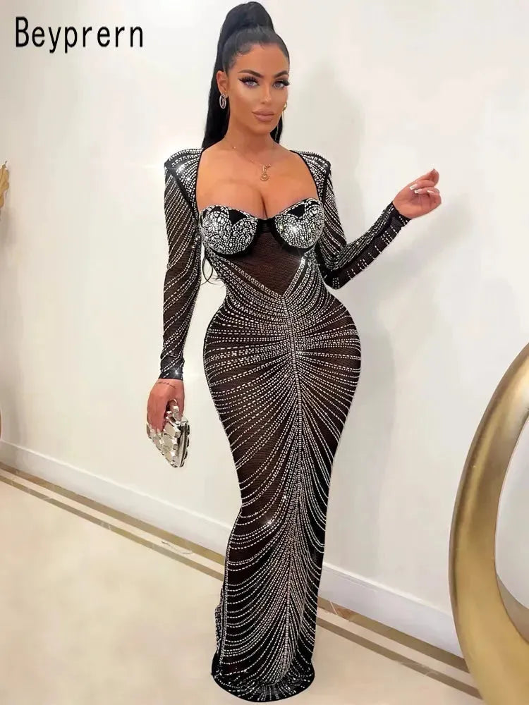 Gorgeous Open Back Sequin Maxi Dress Luxury Woman Crystal Party Dress Night Out Robes Christmas Outfits Sexy Clubwear black