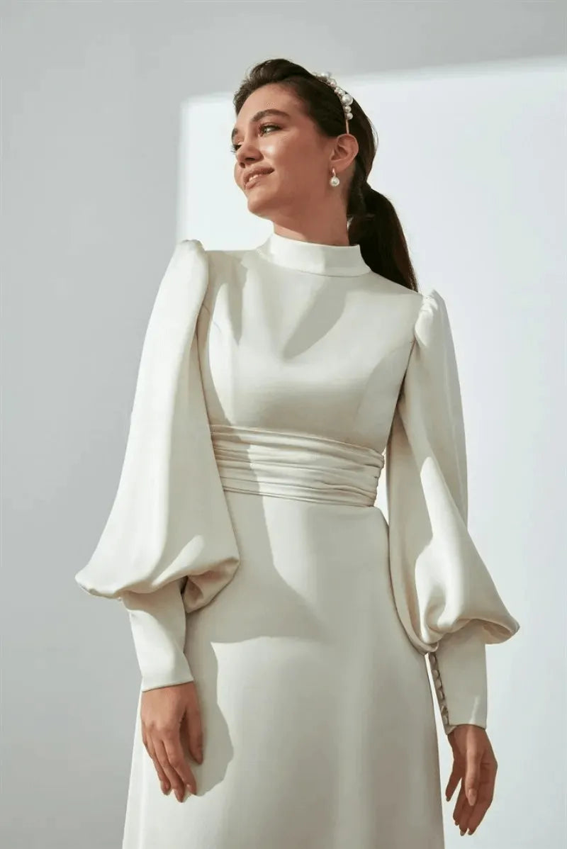 Muslim Simple High Collar Ivory Mermaid Wedding Dresses Button Full Satin Draped Pleat Bride Gown Floor Length robe de mariée champagne Satin