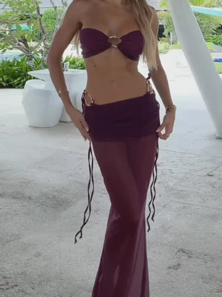 Women Sexy Bikini Set Solid Bikinis fashion hollow out mesh high waist slim long skirts suit female summer new holiday beachwear