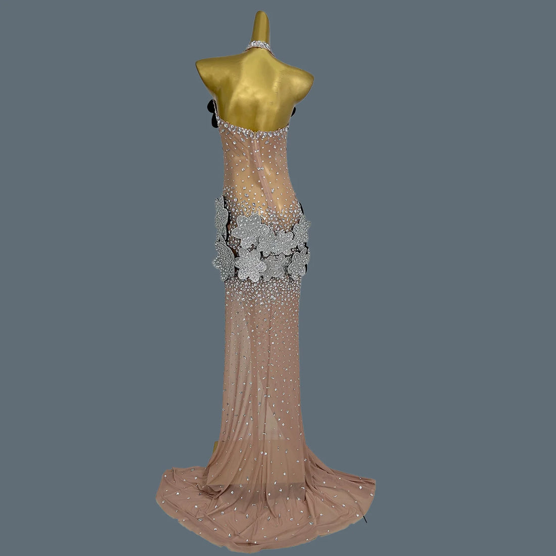 3D Flower See Through Mesh Evening Dress Sexy Women High end Couture Sparkly Rhinestone Party Long Dress Event Outfit Tiehua