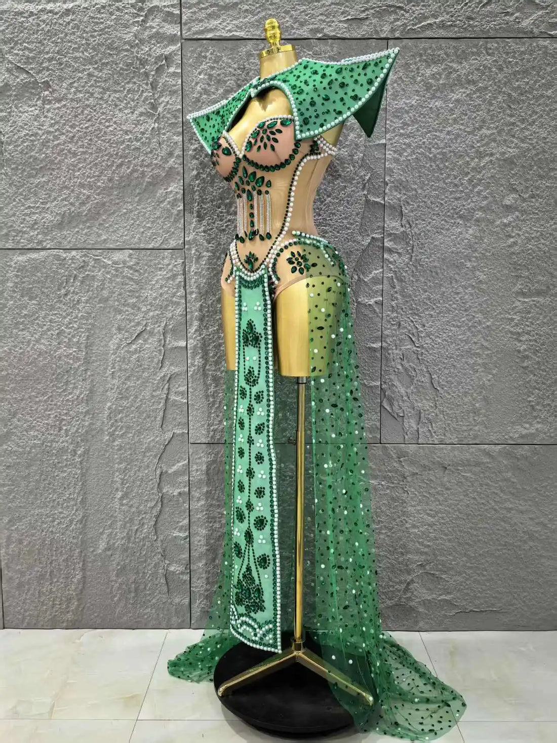 Top Quality Women Sexy Green Color Bodysuit 4 Pieces Set Celebrate Nightclub Party Bar Dancer Performance Costume Stage Wear