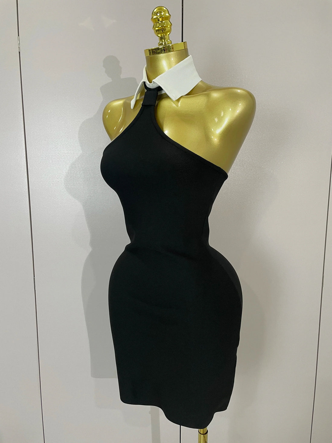 Sexy Backless White Shirt Collar Black Mini Bodycon Bandage Dress  Women Elegant Evening Club Party Luxury Birthday Dresses