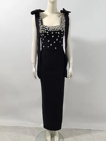 Ladies Sparkling Luxury Diamond Spaghetti Strap Backless Design Sleeveless Sexy Maxi Bandage Dress Celebrity Evening Party Gowns