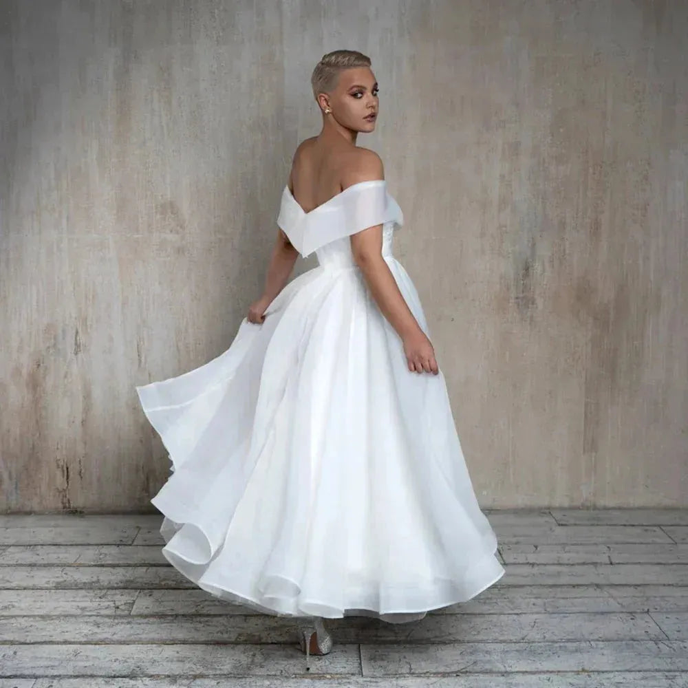 Short Civil Wedding Dresses For Women Ankle-Lenzgth Off The Shoulder Bride Dress Robe De Mariée A-line Simple White Short Wedding Dress
