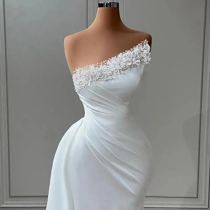 Sexy Mermaid Wedding Dresses Elegant Pearls Satin Dress Boho Beach Floor Length Wedding Evening Prom Gowns Custom Size Custom Color Satin