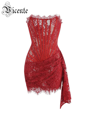 VC Christmas Dress For Women Red Lace Sexy Strapless Sleeveless Slim Supper Short Dress With Lace-Up