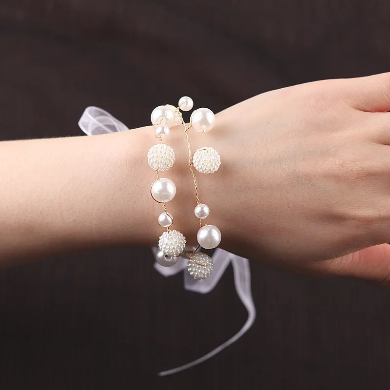 Fashion Korean Bracelet Handmade Simple Bride Bridesmaid Wrist Flower White Pearl Hand Flower Wedding Celebration Gift Jewelry