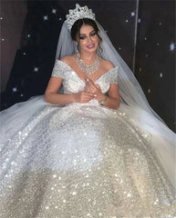 Princess Off The Shoulder Wedding Dresses Ruched Sweetheart Ball Gown Glitter Tulle Bridal Gowns Robe De Mariee Luxuriant Sweep