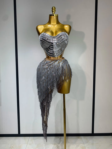 Sexy Sparkly Diamond Tassel Two Piece Set Women Evening Party Luxury Birthday Nightclub Singer Dancer Performan Stage Costume