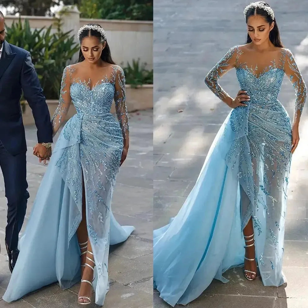 Luxurious Sexy Evening Dresses Full Sleeve Side Train Mermaid Prom Dress Sky Blue High Neck Formal Party Gowns Blue
