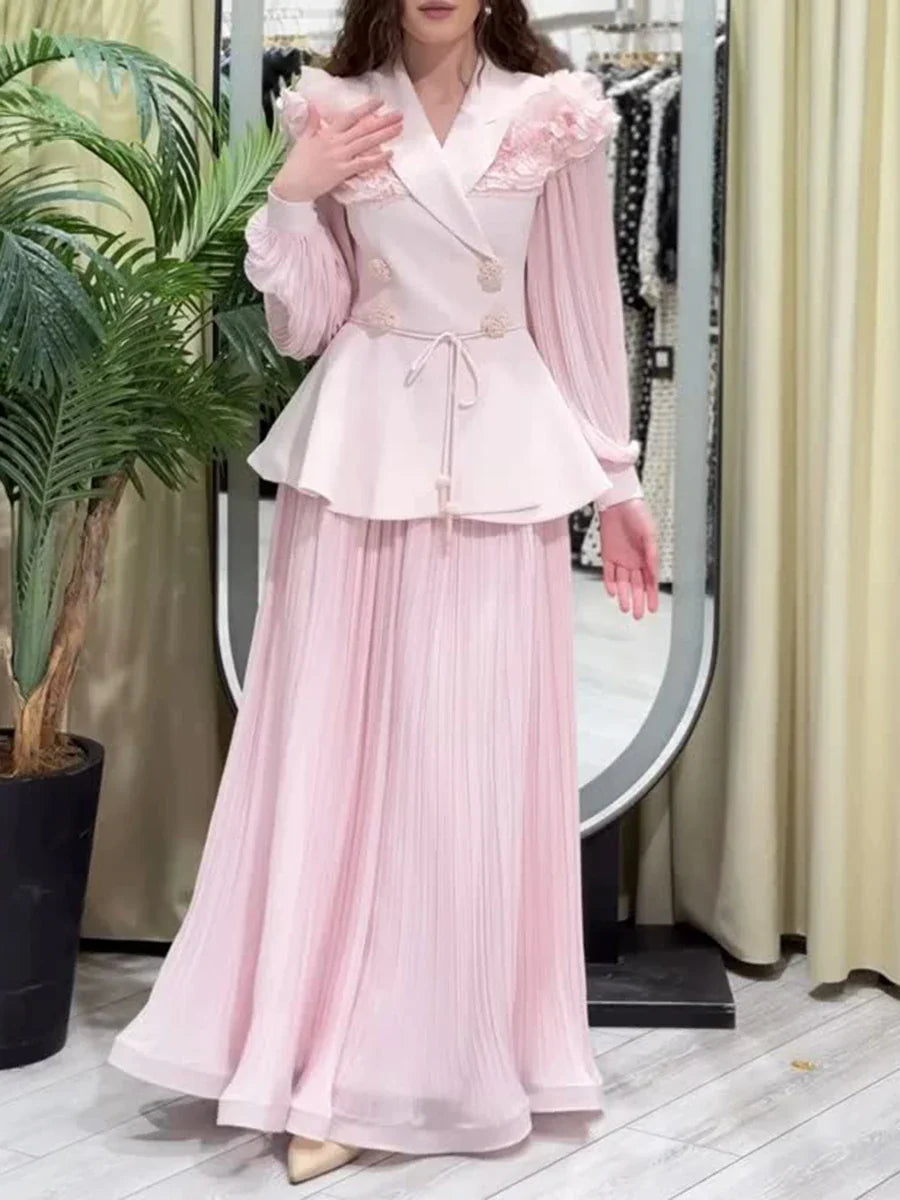 Slimming Two Piece Sets for Women Lapel Long Sleeves Spliced Double Bteasted Top Patchwork Mesh Skirt Female New