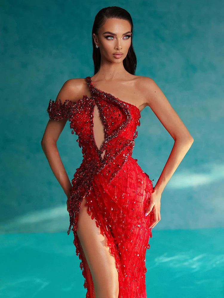 VC Red Diamonds Mermaid Dress Beaded Diagonal One-shoulder High Split Crystals Details Maxi Banquet Evening Party Gown