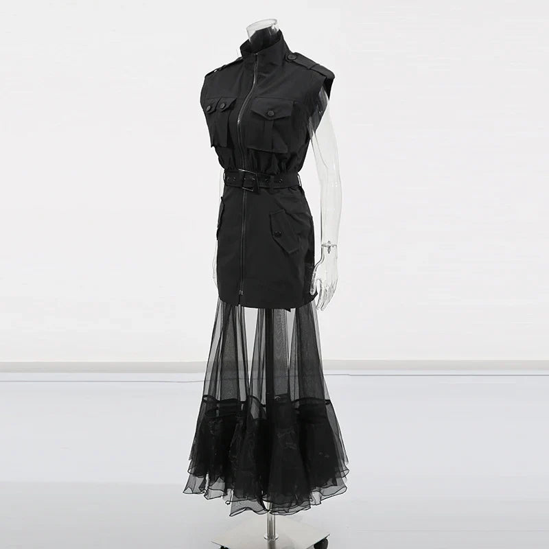 Solid Sheer Spliced Mesh Folds Dress for Women Round Neck Sleeveless Patchwork Zipper elegant Dress Female Fashion