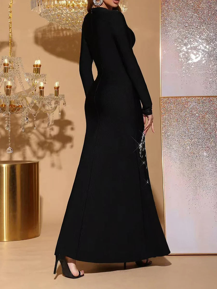 Solid Slimming Spliced Diamonds Dresses for Women Round Neck Long Sleeves Patchwork Mesh Dress Female Clothing New