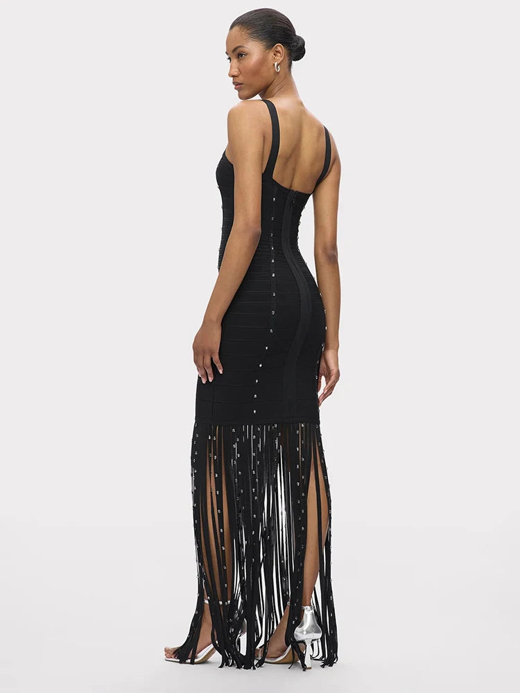 VC Black Diamond Tassel Spaghetti Straps Long Dress Backless Sleeveless Fringed Patchwork Bodycon Evening Party Gowns