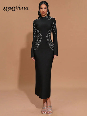 2025 Elegant Women's Light Luxury Hot Diamond Bandage Dress with Stand up Collar and Trumpet Sleeve Bodycon Long Dress Vestidos