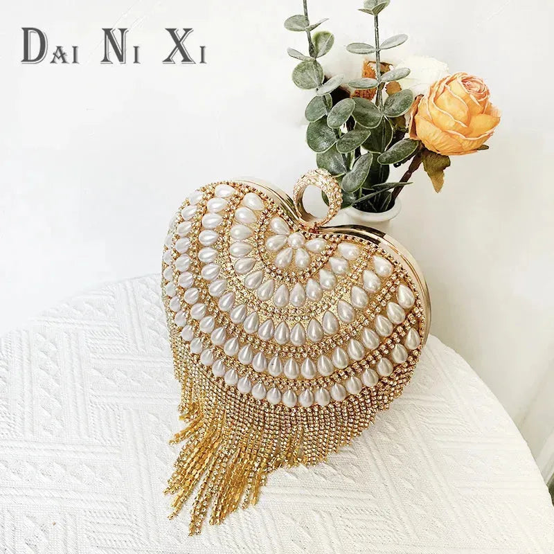 Luxury Bling Heart Shape Diamond Tassel Evening Clutch Rhinestones Purse Wedding Party Purse Ladies Fashion Bag Gold