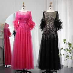 Vestidos de noche de lujo con plumas negras de Dubái para mujer, elegante vestido de fiesta de boda árabe fucsia de media manga 