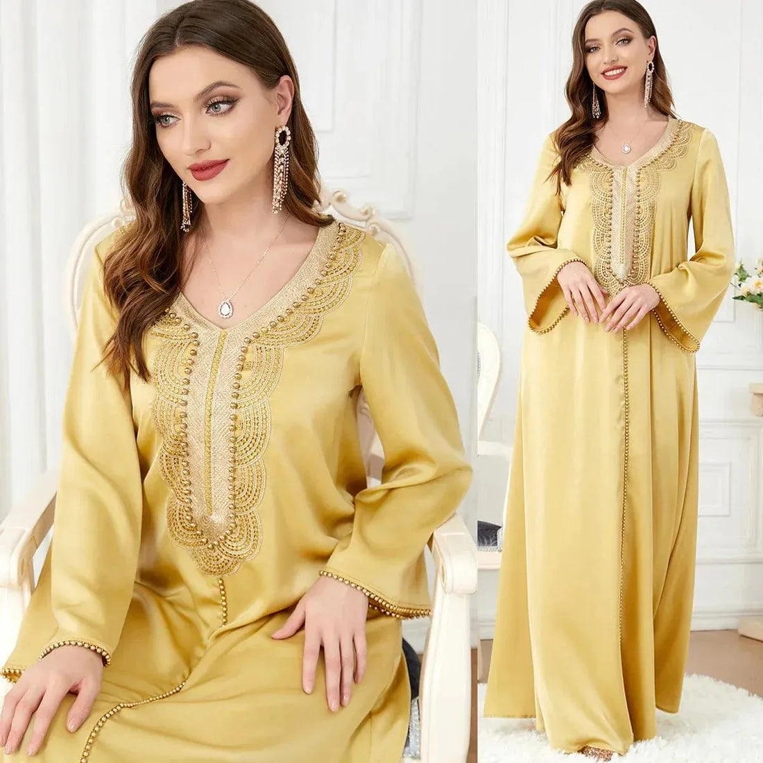 Abaya For Women Ramadan Dubai Arab Apparel Women's V-neck Beaded Long Sleeve Fashion Dress V-neck Embroidery Long Dress