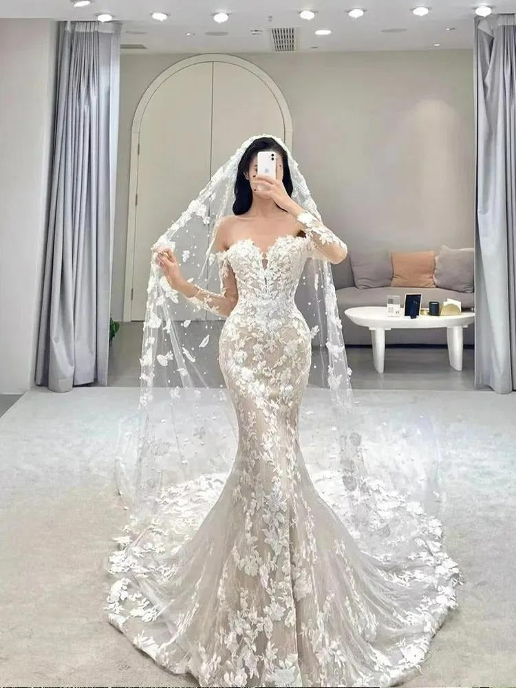 Wedding Dress For Women BOHO Robe Style Long Sleeve Backless Mermaid Lace Flowers Court Train Bride Vestido De Noiva