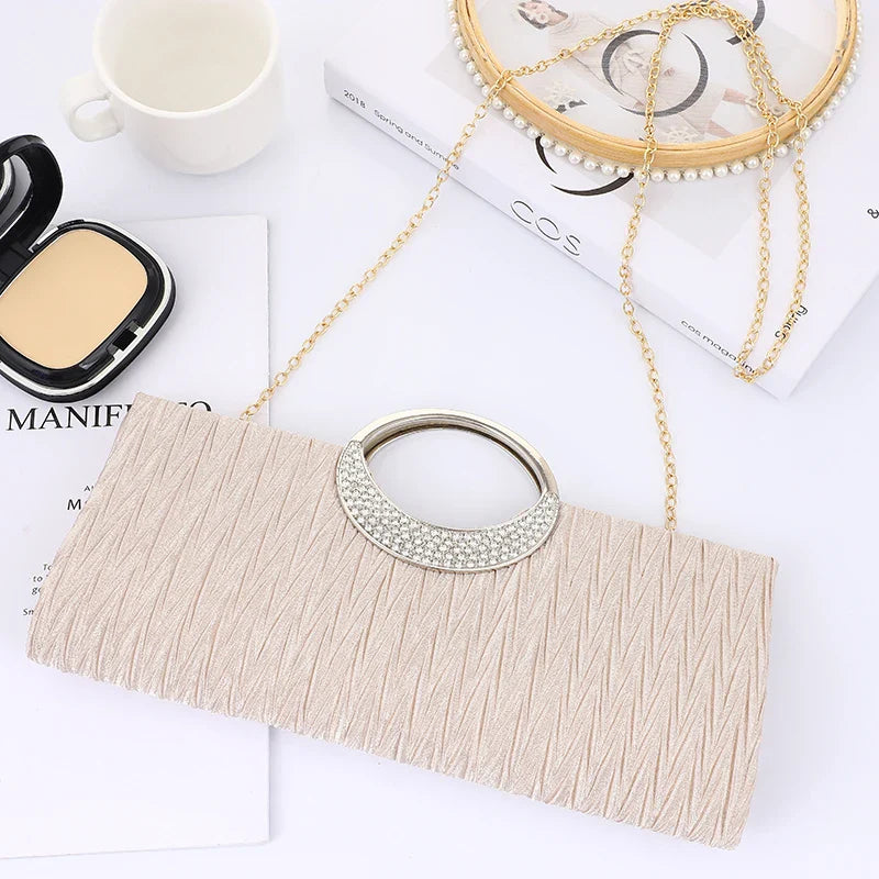 Crystal Handle Evening Dress Bag Wedding Party Storage Bag New pleated Evening bag Women's one-shoulder clutch bag