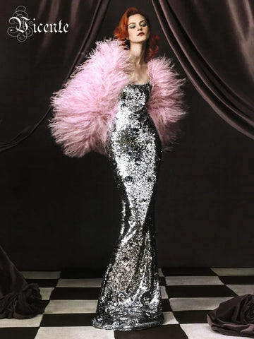 VC Women's Elegant Silver Sequins Slip Long Dress Sleeveless 3D Flowers Embellished Cocktail Party Evening Gown