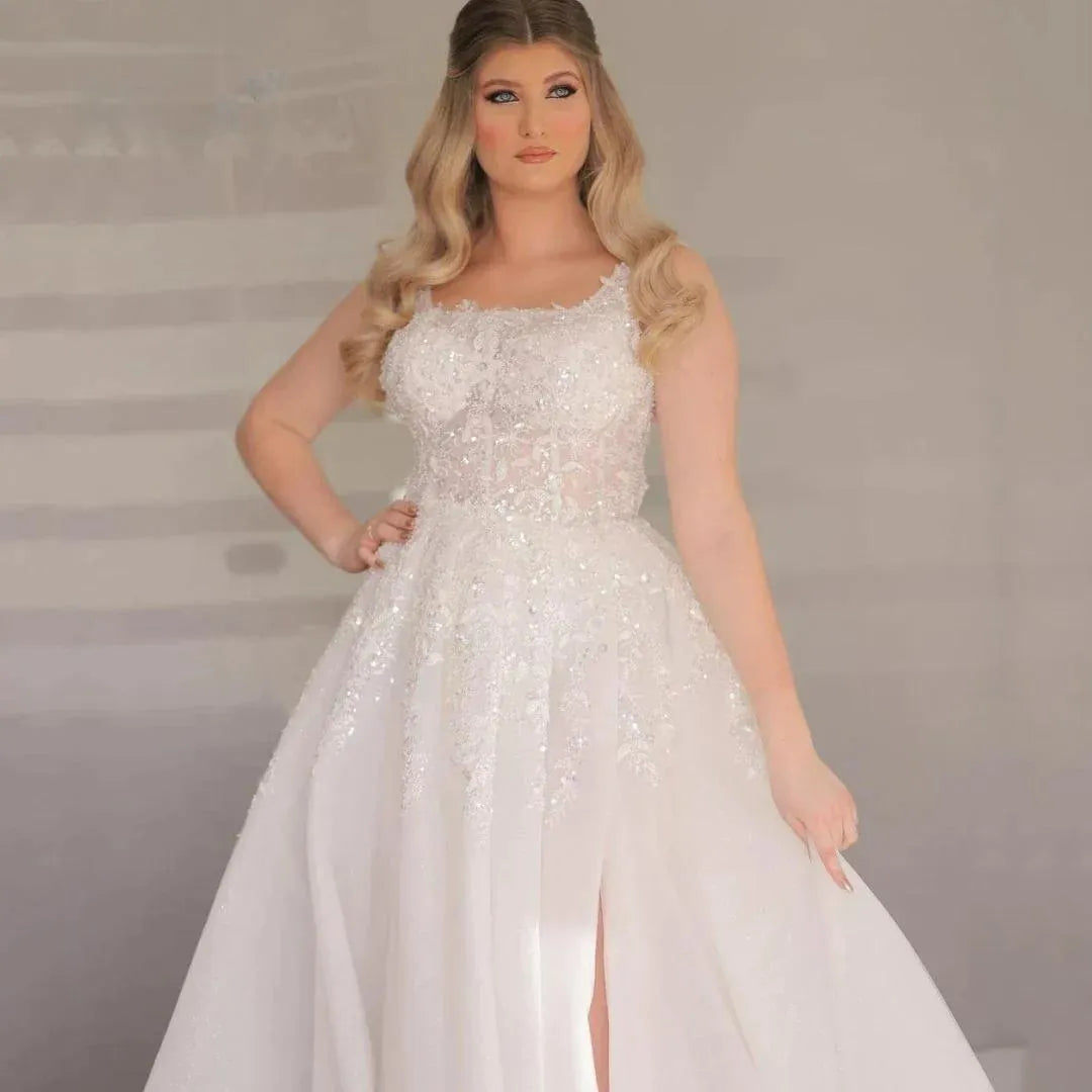 Plus Size Wedding Dresses For Woman A-Line Boat-Neck Side Slit Lace Appliques Bride Gowns Tulle Vestido de Novia Customed As Picture