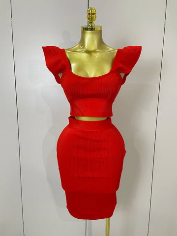 Women 2025 New Sexy Backless Ruffles Red Bandage Two Pices Set 2025 Celebrity Evening Elegance Birthday Party Dress