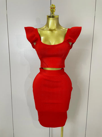 Women  New Sexy Backless Ruffles Red Bandage Two Pices Set  Celebrity Evening Elegance Birthday Party Dress