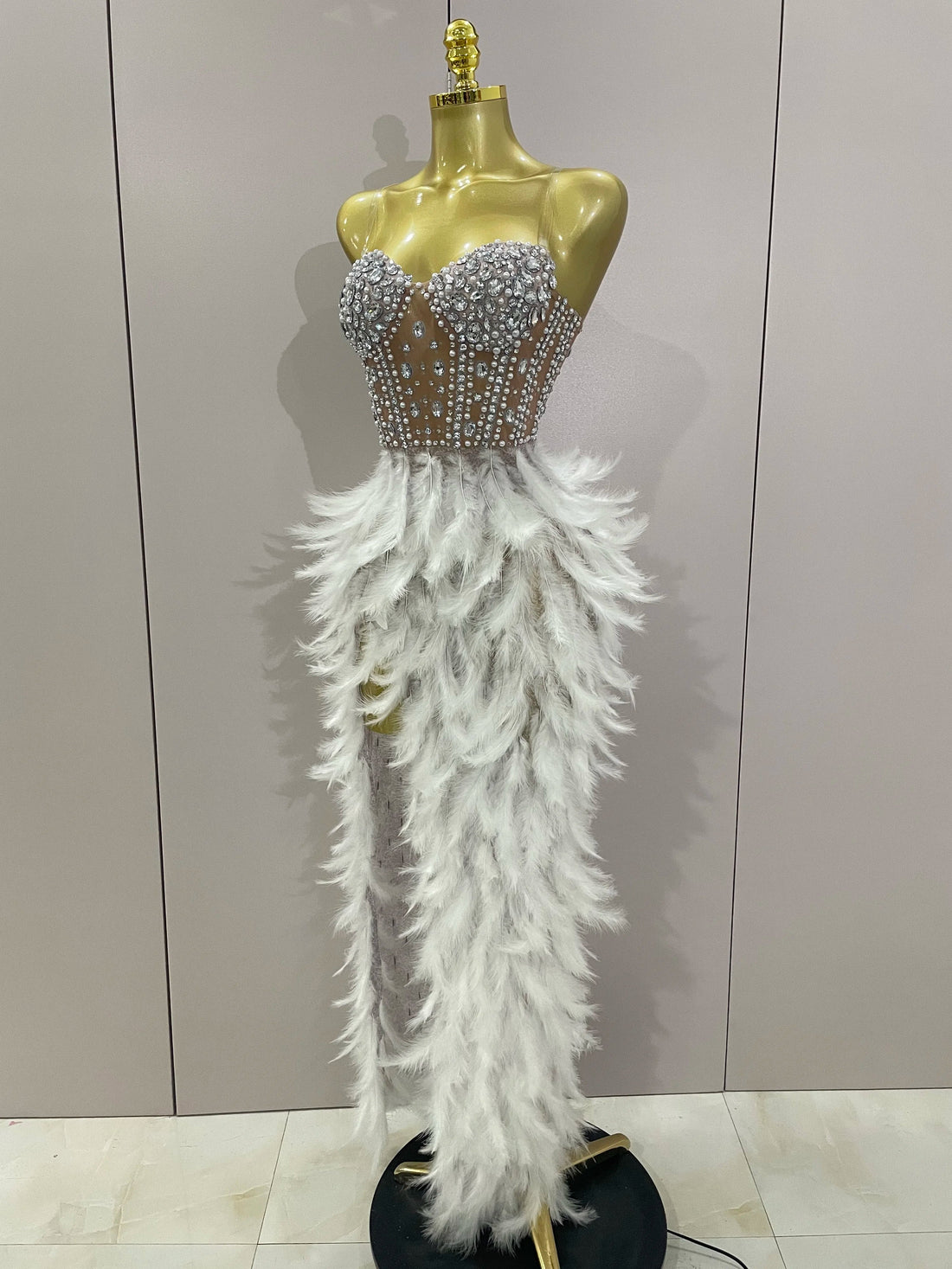 Luxury Sparkle Rhinestone White Feather Sexy Mesh Long Dress Women Evening Party Birthday Performance Photoshoot Costume