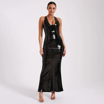 VC Sommer Damen Kleid Schwarze Pailletten Eng Sexy V-Ausschnitt Ärmellos Rückenfrei Laufsteg Party Lange Kleider mit 3D Blume