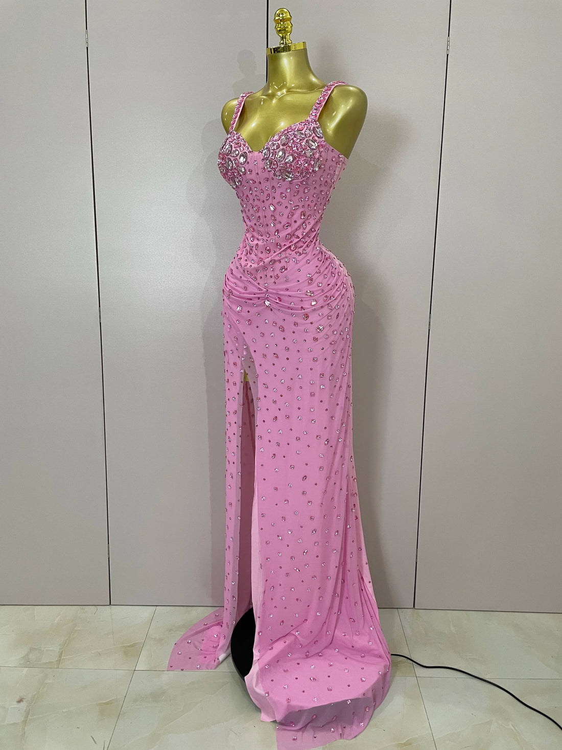 Luxury Pink Rhinestones Split Floor Length Dress  Women Sexy Evening Celebrate Birthday Party Dress Photoshoot Stage Wear