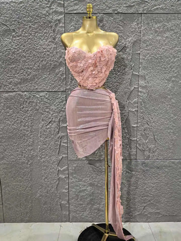 STOCK Women Sexy Shinning Sequins Strapless 2 Pieces Bodycon Mini Dress Nightclub Party Performance Costume Birthday Outfit