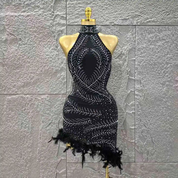 Black Color Women Sexy Off the Shoulder Shinning Rhinestones Bodycon Mini Bandage Dress Feathers Celebrate Evening Party Outfit