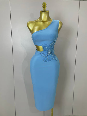 Luxury Sexy One Shoulder Pearl Sky Blue Bodycon Bandage Dress  Women Celebrity Elegant Evening Club Birthday Party Outfit