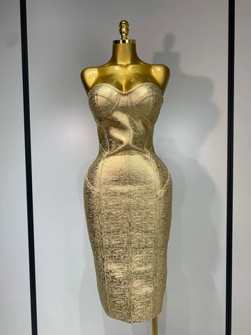 Women Sexy Gold Strapless Bodycon Bandage Dress 2025 Fashion Celebrate Evening Party Luxury Birthday Wedding Guest Dress