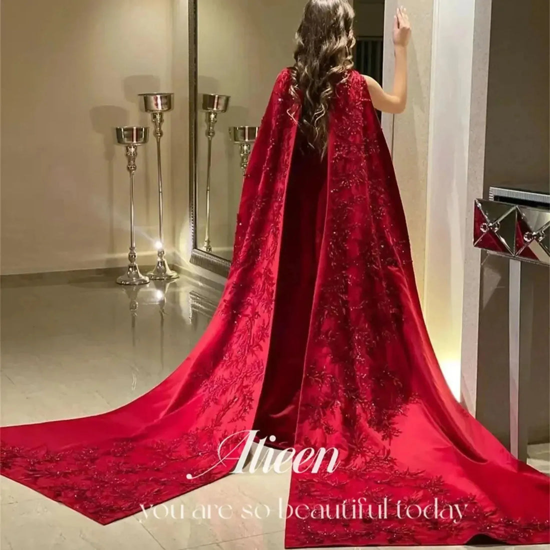 Red Long Shawl Beaded Dresses for Prom Women's Evening Dress Wedding Party Elegant Gowns Luxury Graduation Saudi