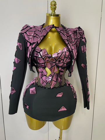 Women Sexy Pink Glitter Sequin Mirrors Short Skirt 3pcs Set Birthday Party Nightclub Queen Drag Stage Costume