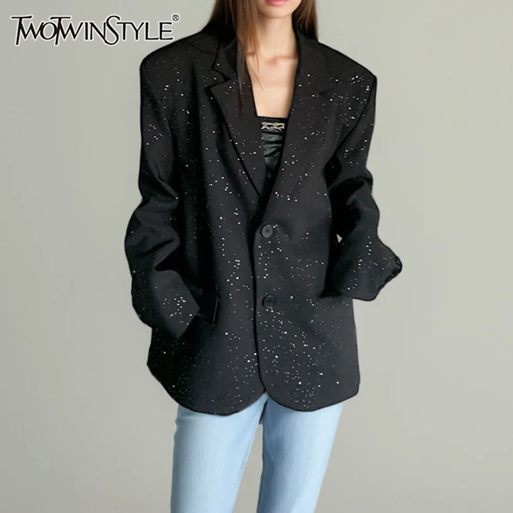 Solid Loose Spliced Bead Fashion Blazers for Women Lapel Long Sleeves Patchwork Single Breasted Blazer Female New