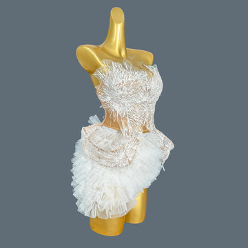 Sexy Sequins Pearls Women Top Short Skirt 2Pcs Club Dance  Asymmetrical Dress Designer Party Celebrate Stage Wear Pugongying