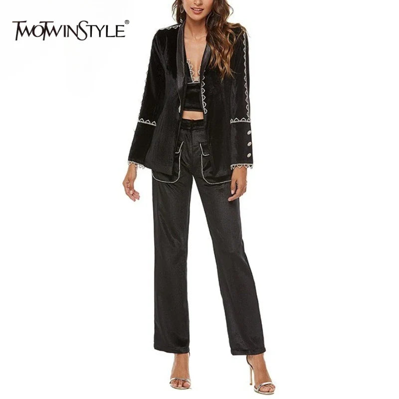 TWOTWINSTYLE Solid Spliced Bead Three Piece Sets for Women Lapel Long Sleeves Top V Neck Sleeveless Vest Long Pants Set Female