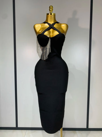Women Sexy Diamonds Tassel Crystal Midi Black Bodycon Bandage Dress 2025 Elegant Evening Party Luxury Birthday Dresses Vestido
