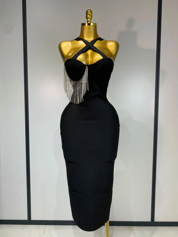 Women Sexy Diamonds Tassel Crystal Midi Black Bodycon Bandage Dress  Elegant Evening Party Luxury Birthday Dresses Vestido