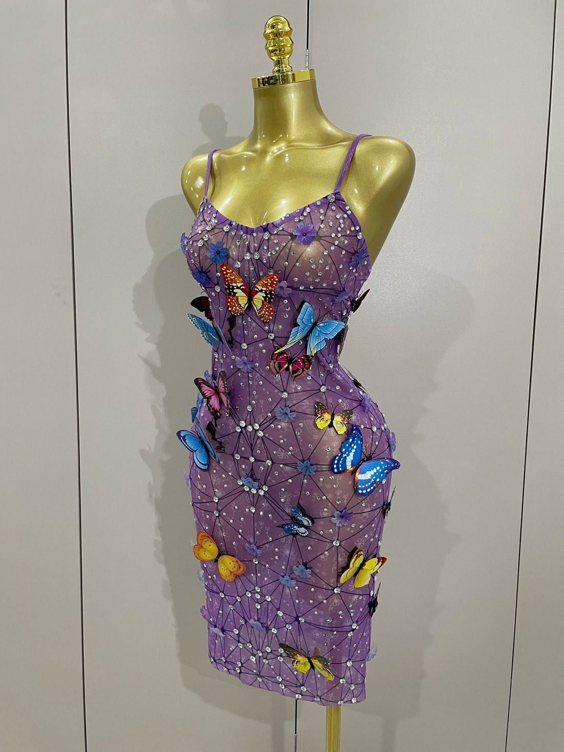 Women Celebrity Luxury Birthday Nightclub Stage Outfit  Sparkly Butterfly Purple Sexy Mesh See Through Dress