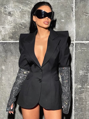 VC Black V Neck Long Sleeves Blazer With Rhinestones Embellished Cuff Crystals Patchwork Slim Jacket Single Breasted Coat